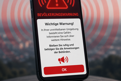 Symbolbild mit Mobiltelefon und einer dargestellten Bevölkerungswarnung
