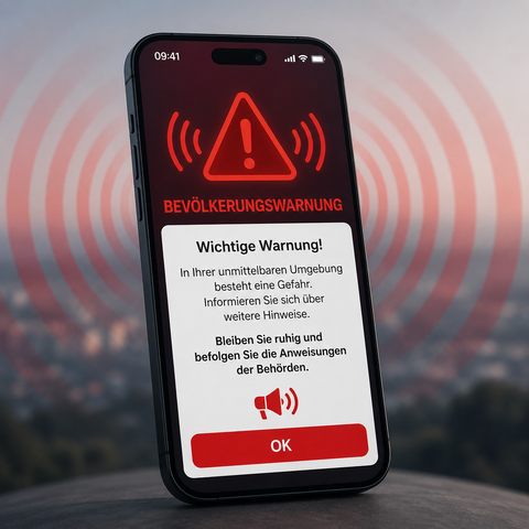 Symbolbild mit Mobiltelefon und einer dargestellten Bevölkerungswarnung