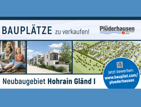 Plakat mit Werbung für den Verkauf der Bauplätze. Links eine Familie im Freien vor einer Türe, in der Mitte moderne Neubauten an einer Straße und rechts die skizzenhafte Anordnung der Gebäude aus der Vogelperspektive 