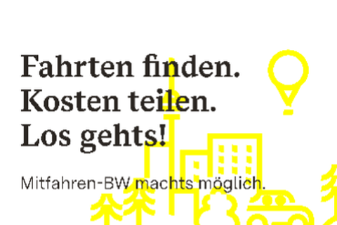 Symbolbild der Mitfahrzentrale mit dem Schriftzug "Fahrten finden. Kosten teilen. Los gehts! Mitfahren-BW machts möglich.