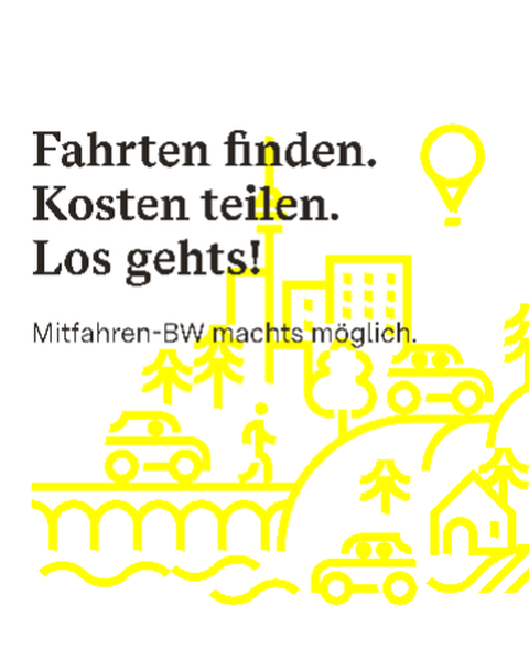 Symbolbild der Mitfahrzentrale mit dem Schriftzug "Fahrten finden. Kosten teilen. Los gehts! Mitfahren-BW machts möglich.