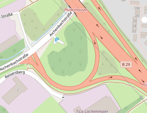 Straßenkarte der Fläche an der Ausfahrt der B29 / Aichenbachstr. 