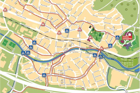 Schulwegplan mit markierten sinnvollen Wegen aus den einzelnen Wohngebieten
