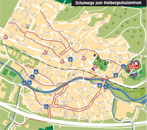 Schulwegplan mit markierten sinnvollen Wegen aus den einzelnen Wohngebieten
