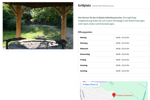 Buchungsseite mit Bild vom Grillplatz, den Öffnungszeiten und der Karte als Beispiel