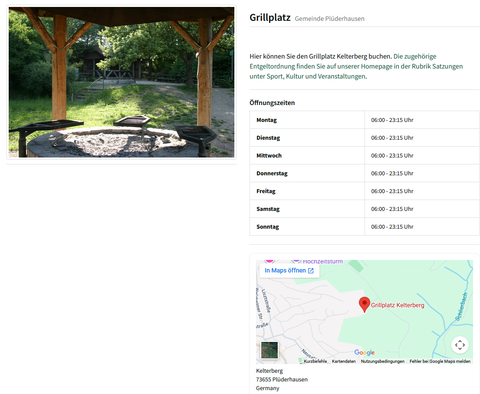 Buchungsseite mit Bild vom Grillplatz, den Öffnungszeiten und der Karte als Beispiel