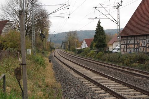 Bahngleise zwischen zwei Wohnhäusern in Plüderhausen
