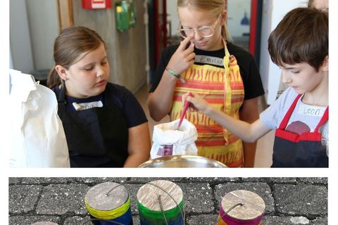 Eindrücke des Sommerferienprogramms und der einzelnen Aktionen. Zu sehen sind Kinder beim bastlen und Kochen. Bastelarbeiten und BM Treiber bei der Baustellen-Tour