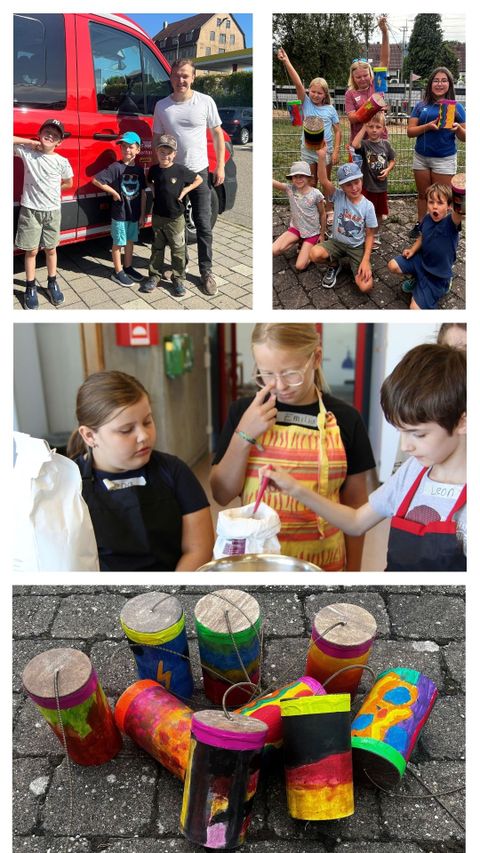 Eindrücke des Sommerferienprogramms und der einzelnen Aktionen. Zu sehen sind Kinder beim bastlen und Kochen. Bastelarbeiten und BM Treiber bei der Baustellen-Tour