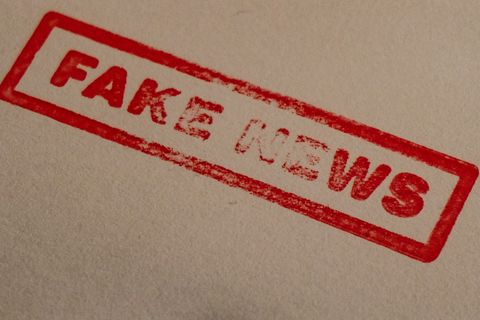 Ein Stempel mit dem Aufdruck Fake News auf einem Papier